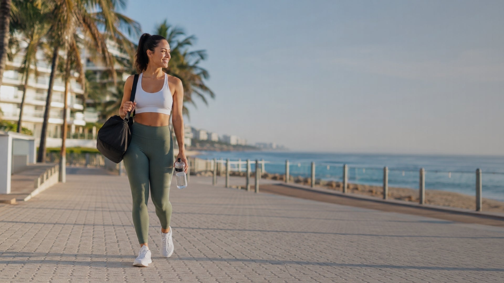 Woman walking along a coastal path with palm trees and ocean view