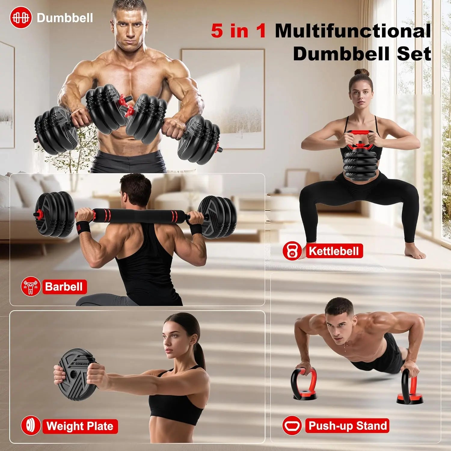 5-in-1 Adjustable Dumbbell Set Barbell Kettlebell