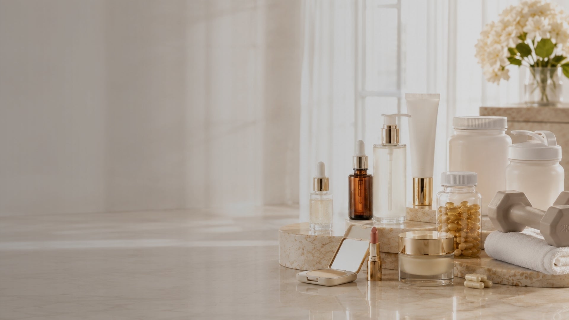 Cosmetic products on a marble surface with a neutral background