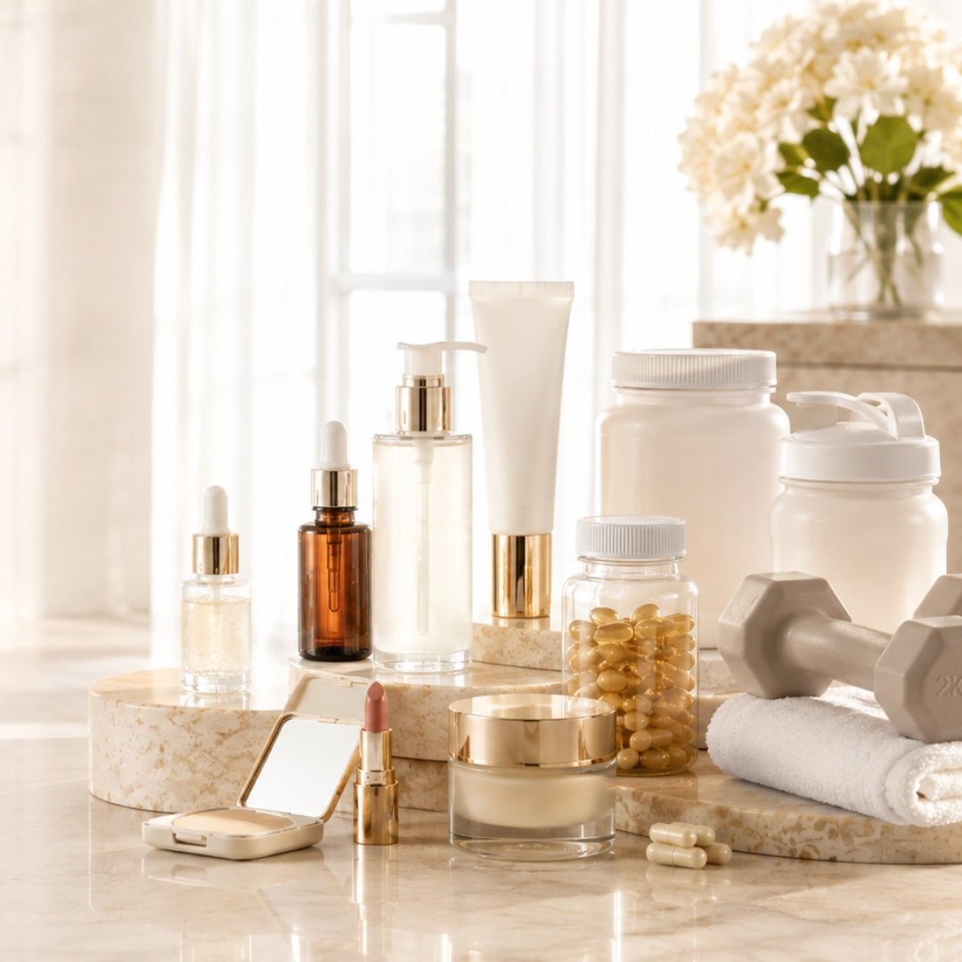 Collection of skincare and wellness products on a marble surface with a blurred background
